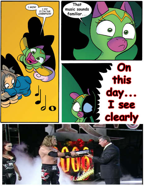 Size: 775x1000 | Tagged: alter bridge, cheerilee, crossover, derpibooru import, edge (wrestler), lita, money in the bank, new year's revolution, pro wrestling, safe, spoiler:comic, spoiler:comic29, surprise entrance meme, vince mcmahon, well that escalated quickly, wwe