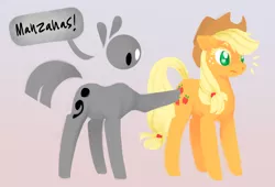 Size: 1000x681 | Tagged: applejack, artist:dimespin, derpibooru import, oc, poking, safe, spanish