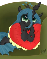 Size: 3015x3831 | Tagged: :3, artist:doz2nd, artist:kp-shadowsquirrel, cute, cutealis, derpibooru import, heart, looking at you, pillow, queen chrysalis, safe, smiling, solo