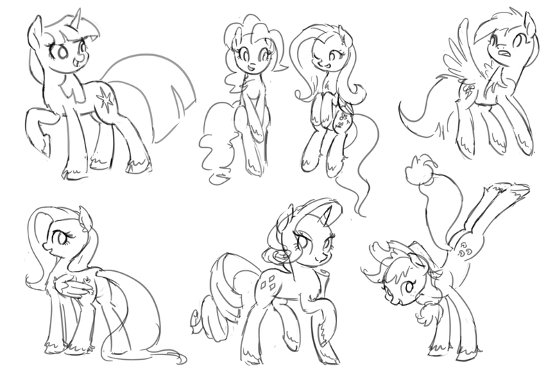 Size: 1280x882 | Tagged: applejack, artist:king-kakapo, bucking, cloven hooves, derpibooru import, fluttershy, mane six, monochrome, pinkie pie, rainbow dash, rarity, safe, sitting, sketch, sketch dump, twilight sparkle, unshorn fetlocks