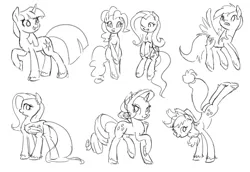 Size: 1280x882 | Tagged: applejack, artist:king-kakapo, bucking, cloven hooves, derpibooru import, fluttershy, mane six, monochrome, pinkie pie, rainbow dash, rarity, safe, sitting, sketch, sketch dump, twilight sparkle, unshorn fetlocks