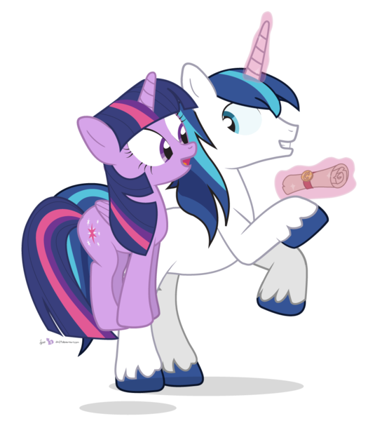 Size: 990x1110 | Tagged: safe, artist:dm29, derpibooru import, shining armor, twilight sparkle, twilight sparkle (alicorn), alicorn, pony, bouncing, duo, excited, female, letter, magic, mare, pronking, scroll, simple background, telekinesis, transparent background