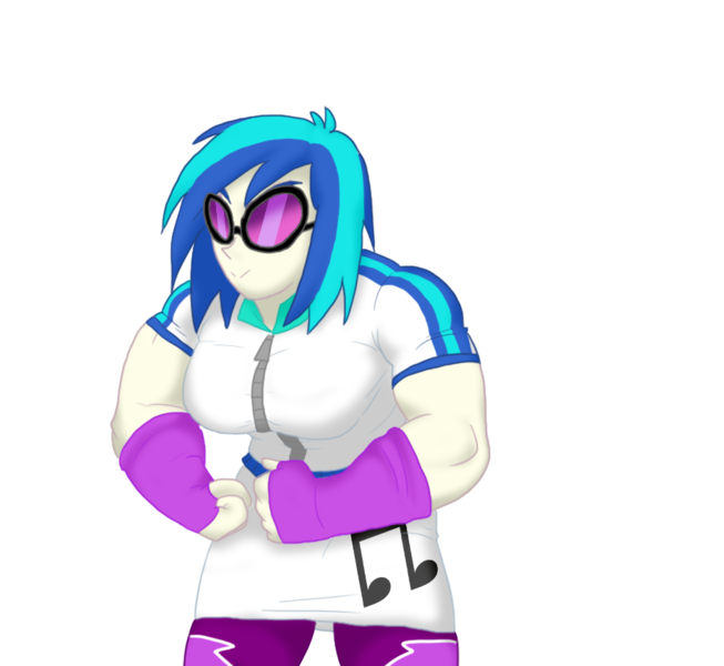 Size: 931x856 | Tagged: safe, artist:advanceddefense, derpibooru import, vinyl scratch, equestria girls, breasts, busty vinyl scratch, female, flexing, muscle expansion, muscle growth, muscles, solo, tight clothing, vinyl smash