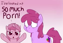 Size: 915x630 | Tagged: suggestive, artist:skoon, derpibooru import, berry punch, berryshine, ruby pinch, earth pony, pony, unicorn, ask berry punch, dialogue, female, filly, implied foalcon, jaded pinch, mare, open mouth, reaction image, simple background, white background