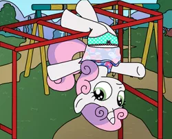 Size: 1574x1280 | Tagged: suggestive, artist:elephanteddie, derpibooru import, sweetie belle, pony, anatomically incorrect, clothes, dress, foalcon, frilly underwear, green underwear, hanging, hanging upside down, incorrect leg anatomy, panties, playground, polka dot underwear, ribbon, silly, silly pony, skirt flip, sundress, sweetie fail, underwear, upside down