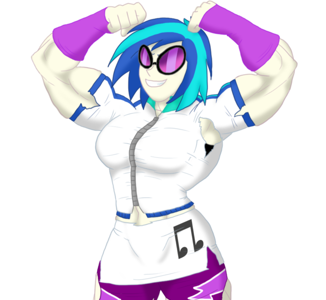 Size: 931x856 | Tagged: armpits, artist:advanceddefense, breasts, busty vinyl scratch, clothes, derpibooru import, female, flexing, human, humanized, muscle expansion, muscle growth, muscles, ripping clothes, safe, solo, torn clothes, vinyl scratch, vinyl smash, wardrobe malfunction