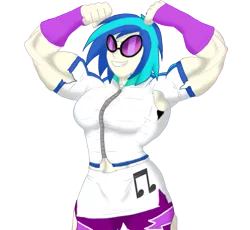 Size: 931x856 | Tagged: armpits, artist:advanceddefense, breasts, busty vinyl scratch, clothes, derpibooru import, female, flexing, human, humanized, muscle expansion, muscle growth, muscles, ripping clothes, safe, solo, torn clothes, vinyl scratch, vinyl smash, wardrobe malfunction