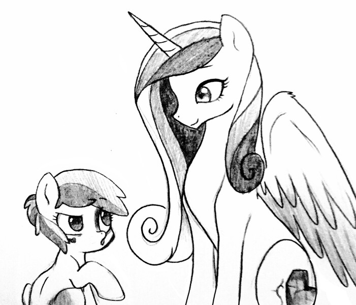 Size: 2362x2022 | Tagged: artist:kianamai, derpibooru import, kilalaverse, monochrome, next generation, oc, oc:api apple, offspring, parent:apple bloom, parent:pipsqueak, parents:pipbloom, pencil drawing, princess cadance, safe, traditional art