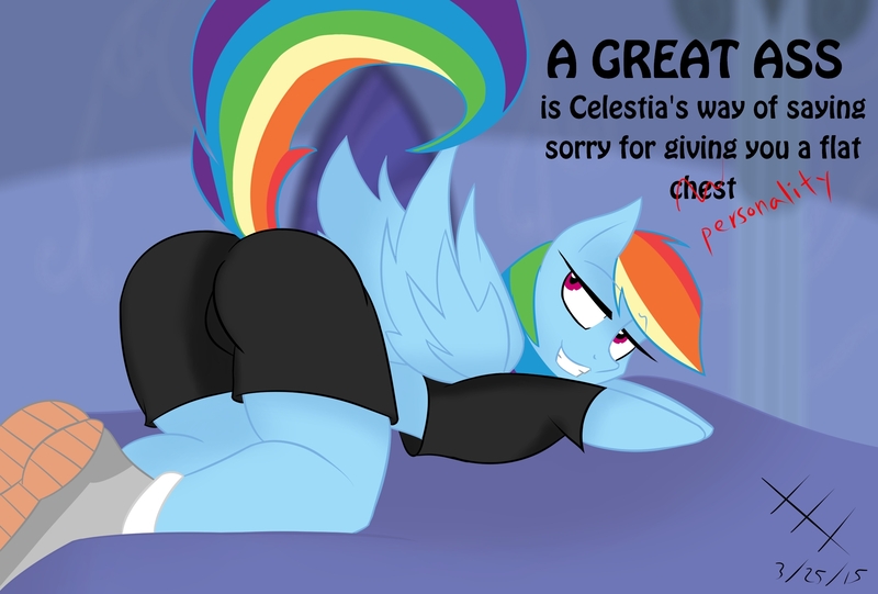 Size: 2560x1730 | Tagged: suggestive, artist:kaixxxcorner, artist:lil miss jay, derpibooru import, rainbow dash, anthro, ass, bedroom eyes, clothes, colored, female, looking back, shorts, solo, solo female, text, the ass was fat