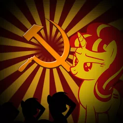 Size: 894x894 | Tagged: safe, artist:muddyfudger, derpibooru import, rainbow dash, starlight glimmer, pegasus, pony, unicorn, the cutie map, communism, equal cutie mark, hammer and sickle, hilarious in hindsight, photoshop, propaganda, propaganda parody, rainbow dash salutes, salute, soviet, soviet union, stalin glimmer, sunburst background