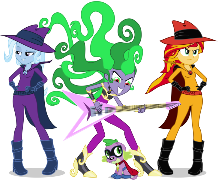 Size: 3210x2651 | Tagged: safe, artist:imperfectxiii, artist:punzil504, derpibooru import, humdrum, mane-iac, mare do well, spike, sunset shimmer, trixie, dog, equestria girls, clothes, cosplay, costume, crossover, darkwing duck, equestria girls-ified, flying v, guitar, negaduck, negamare, power ponies, simple background, sitting, spike the dog, transparent background, vector