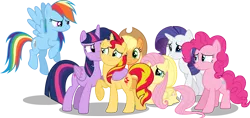 Size: 5364x2539 | Tagged: safe, artist:shutterflyeqd, derpibooru import, applejack, fluttershy, pinkie pie, rainbow dash, rarity, sunset shimmer, twilight sparkle, twilight sparkle (alicorn), alicorn, pony, alternate mane seven, female, flying, forgiveness, mane six, mare, nuzzling, prone, raised hoof, redemption, sad, simple background, smiling, transparent background, vector