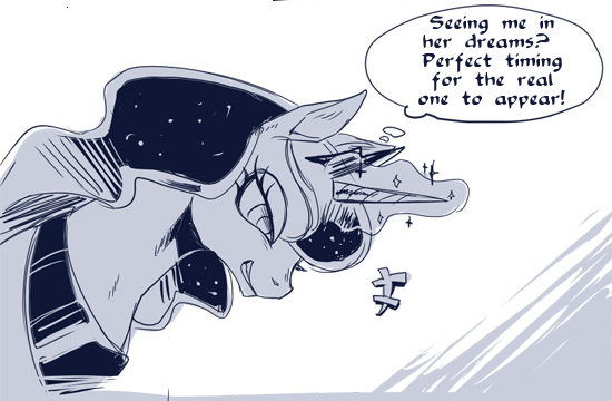 Size: 550x360 | Tagged: safe, artist:murai shinobu, derpibooru import, edit, princess luna, alicorn, pony, bust, dream walker luna, looking down, magic, monochrome, pixiv, smirk, smug, text, translation