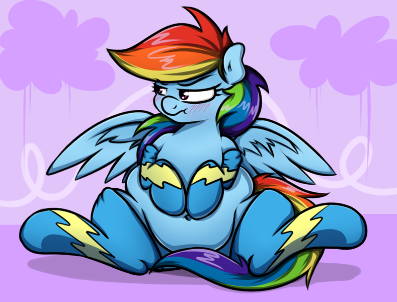 Size: 1100x837 | Tagged: artist:graphenescloset, belly, blushing, clothes, cute, derpibooru import, fat, rainblob dash, rainbow dash, rdisbestchub, safe, socks, solo, tubby wubby pony waifu