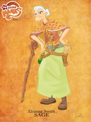 Size: 1024x1366 | Tagged: artist:didj, brown background, cane, derpibooru import, female, granny smith, hair bun, human, humanized, my little mages, safe, sage, shawl, simple background, solo, staff