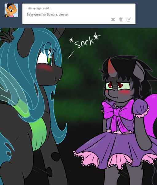 Size: 750x880 | Tagged: artist:skoon, ask, ask sissy king sombra, blushing, clothes, colt, colt sombra, crossdressing, cute, derpibooru import, dress, embarrassed, king sombra, male, queen chrysalis, sissy, sombradorable, suggestive, tumblr