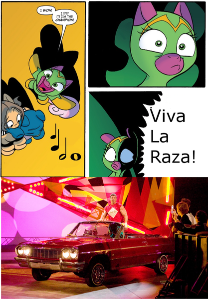 Size: 775x1115 | Tagged: cheerilee, chevrolet impala, cloverleaf, derpibooru import, eddie guerrero, lowrider, safe, spoiler:comic, spoiler:comic29, surprise entrance meme, wwe