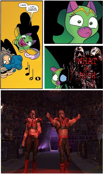 Size: 768x1290 | Tagged: cheerilee, derpibooru import, legion of doom, road warrior animal, road warrior hawk, safe, spoiler:comic, spoiler:comic29, surprise entrance meme, the road warrior, wwe, wwf