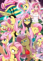 Size: 1600x2260 | Tagged: safe, artist:caibaoreturn, derpibooru import, fluttershy, saddle rager, breezie, human, pegasus, pony, equestria girls, animal costume, bee costume, bowtie, breeziefied, bunny ears, clothes, costume, dangerous mission outfit, discorded, dress, equestria girls outfit, eyes closed, female, filly, flutterbat, flutterbee, flutterbitch, flutterbreez, flutterrage, gala dress, goggles, hoodie, human ponidox, humanized, mare, modelshy, multeity, open mouth, pixiv, ponytones outfit, rainbow power, self ponidox, smiling, so much flutter, species swap, tanktop