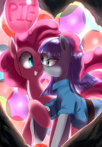 Size: 1400x2000 | Tagged: safe, artist:caibaoreturn, derpibooru import, maud pie, pinkie pie, earth pony, pony, balloon, boop, female, noseboop, pixiv, sisters