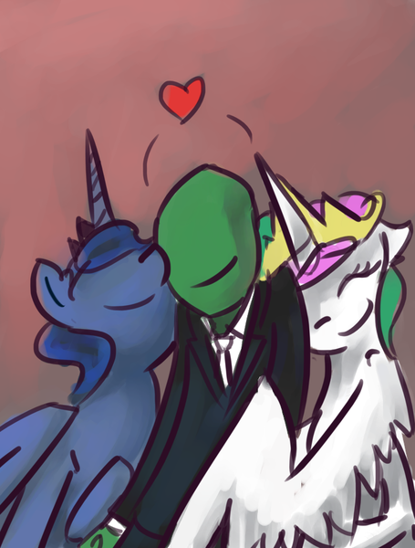 Size: 700x923 | Tagged: artist needed, safe, derpibooru import, princess celestia, princess luna, oc, oc:anon, human, pony, anon gets all the mares, cuddling, cute, eyes closed, heart, hug, human on pony snuggling, lucky bastard, nuzzling, smiling, snuggling, winghug