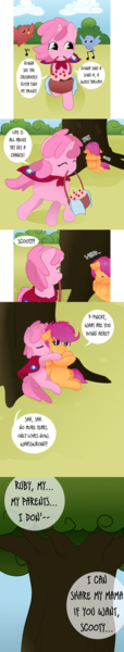 Size: 1280x6747 | Tagged: artist:tentacuddles, ask, ask pinchy, basket, bird, cake, comic, crying, derpibooru import, hug, mouth hold, ruby pinch, safe, scootaloo, singing, tree, tumblr