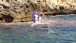 Size: 4128x2322 | Tagged: 3d, artist:s80lar, derpibooru import, irl, looking at you, mermaid, merpony, ponies in real life, rarity, rock, safe, source filmmaker, water, wet, wet mane, wet mane rarity