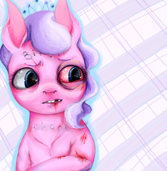 Size: 842x857 | Tagged: abuse, artist:colorlesscupcake, blood, derpibooru import, diamond tiara, grimdark, solo, tiarabuse, vulgar