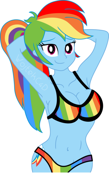 Size: 7490x12000 | Tagged: suggestive, artist:swagalicious-tony, artist:wojtekc4d, artist:worldofdimensions, derpibooru import, rainbow dash, equestria girls, absurd resolution, armpits, beach, bedroom eyes, belly button, bikini, breasts, cleavage, clothes, female, simple background, smiling, solo, solo female, sultry pose, swimsuit, transparent background