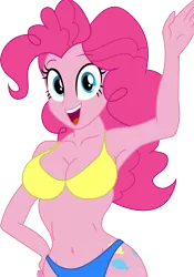 Size: 9000x12864 | Tagged: suggestive, artist:swagalicious-tony, artist:wojtekc4d, artist:worldofdimensions, derpibooru import, pinkie pie, equestria girls, absurd resolution, armpits, belly button, bikini, breasts, busty pinkie pie, cleavage, clothes, female, simple background, smiling, solo, solo female, swimsuit, transparent background, vector, waving