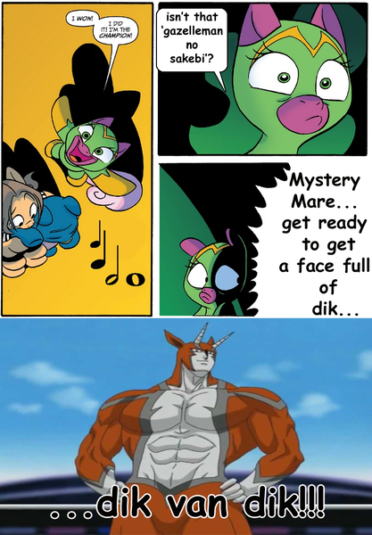 Size: 775x1115 | Tagged: cheerilee, crossover, derpibooru import, dik dik van dik, edit, gazelleman, innuendo, kinnikuman nisei, pro wrestling, questionable, spoiler:comic, spoiler:comic29, surprise entrance meme, ultimate muscle