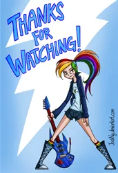 Size: 632x925 | Tagged: safe, artist:joshng, derpibooru import, rainbow dash, human, equestria girls, clothes, converse, decepticon, electric guitar, female, guitar, humanized, jacket, kneesocks, looking at you, rainbow socks, shirt, shorts, socks, solo, striped socks, transformers