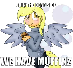 Size: 546x508 | Tagged: artist:derpy-teh-unicorn, blushing, derpibooru import, derpy hooves, human, humanized, image macro, meme, muffin, safe, solo, spread wings, tailed humanization, winged humanization