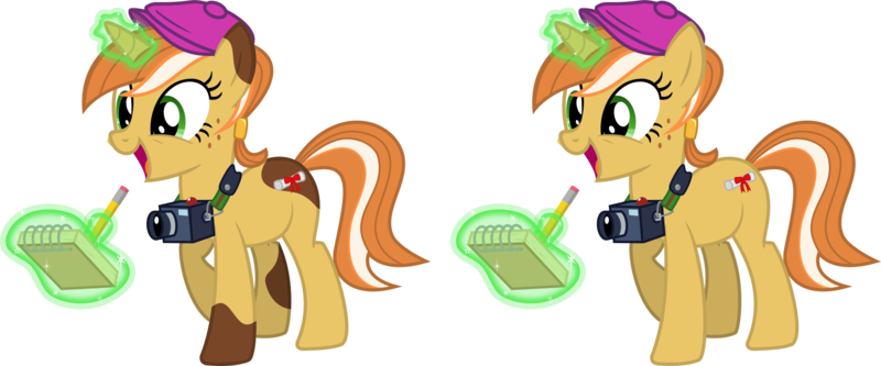 Size: 1839x765 | Tagged: safe, artist:cheezedoodle96, derpibooru import, oc, oc:paige turner, unofficial characters only, pony, unicorn, equestria daily, .svg available, camera, female, flat cap, hat, magic, mascot, notepad, pencil, simple background, solo, svg, transparent background, vector