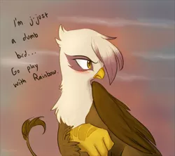 Size: 765x680 | Tagged: safe, artist:glacierclear, artist:glacierclear edits, artist:transgressors-reworks, color edit, derpibooru import, edit, gilda, gryphon, blushing, colored, dialogue, female, folded wings, frown, gildere, image, jpeg, looking away, looking to side, sitting, solo, talking to viewer, text, tsundere, wings
