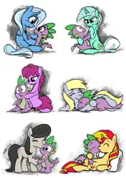 Size: 2215x3136 | Tagged: safe, artist:epulson, derpibooru import, berry punch, berryshine, derpy hooves, lyra heartstrings, octavia melody, spike, sunset shimmer, trixie, dragon, earth pony, pegasus, pony, unicorn, berryspike, blushing, derpyspike, female, hug, interspecies, kissing, male, pillow, shipping, spike gets all the mares, spikelove, spiketavia, spixie, spyra, sunsetspike, tongue out, wide eyes