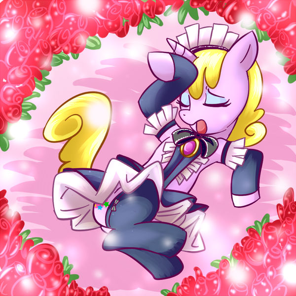 Size: 800x800 | Tagged: safe, artist:madmax, derpibooru import, oc, oc:bitchdancer, unofficial characters only, pony, unicorn, clothes, crossdressing, dramatic pose, femboy, lying down, maid, male, on back, solo, stockings