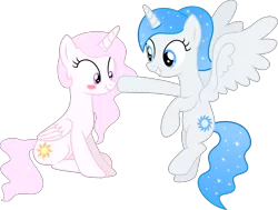 Size: 8015x6066 | Tagged: safe, artist:geometrymathalgebra, derpibooru import, princess celestia, oc, oc:white flare, alicorn, pony, absurd resolution, alicorn oc, blushing, boop, cewestia, cute, female, filly, flying, grin, nose wrinkle, scrunchy face, simple background, sitting, smiling, spread wings, transparent background, vector, wide eyes, younger