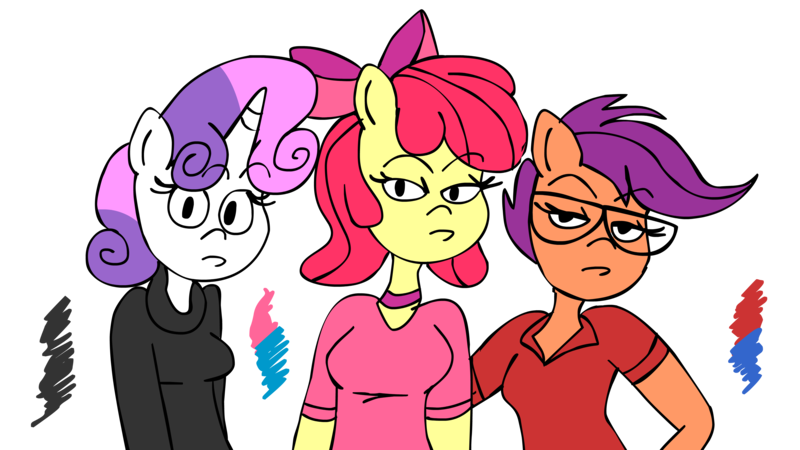 Size: 4000x2250 | Tagged: anthro, apple bloom, aqua teen hunger force, artist:scobionicle99, crime fighting crusaders, crossover, cutie mark crusaders, derpibooru import, glasses, older, safe, scootaloo, simple background, sweetie belle, transparent background