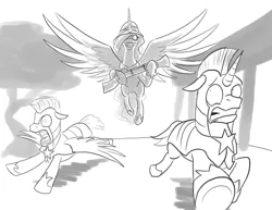 Size: 1122x867 | Tagged: artist:mistermech, derpibooru import, grin, guards, gun, hat, monochrome, monocle, princess celestia, royal guard, running, safe, screaming, the most dangerous game