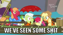 Size: 1280x720 | Tagged: safe, derpibooru import, edit, edited screencap, screencap, apple bloom, applejack, big macintosh, granny smith, earth pony, pony, pinkie apple pie, caption, female, filly, i've seen some shit, image macro, male, mare, meme, stallion, text, vulgar, we've seen some shit