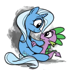 Size: 1066x1045 | Tagged: safe, artist:epulson, derpibooru import, spike, trixie, dragon, pony, unicorn, cropped, female, looking at each other, male, mare, shipping, sitting, smiling, spixie, straight