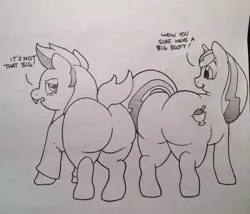 Size: 1280x1095 | Tagged: suggestive, artist:zacharyisaacs, derpibooru import, oc, oc:hot fudge, oc:zippy doo, unofficial characters only, pony, denial, monochrome, plot, the ass was fat, wide hips