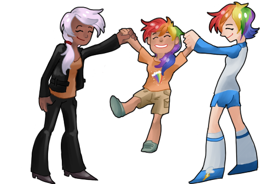 Size: 540x360 | Tagged: daughter, derpibooru import, family, female, gilda, gildash, human, humanized, humanized oc, lesbian, magical lesbian spawn, married couple, mother and daughter, oc, oc:rainbow feather, offspring, parent:gilda, parent:rainbow dash, parents:gildash, rainbow dash, safe, shipping