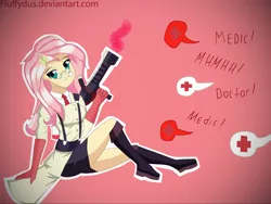 Size: 2048x1536 | Tagged: safe, artist:fluffydus, derpibooru import, fluttershy, human, crossover, fluttermedic, humanized, medic, team fortress 2