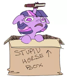 Size: 869x992 | Tagged: safe, artist:nobody, derpibooru import, twilight sparkle, pony, book, box, derp, floppy ears, frown, horn impalement, leaning, open mouth, pony in a box, simple background, solo, stylistic suck, white background, wide eyes