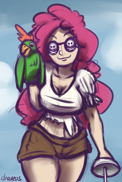 Size: 528x785 | Tagged: 30 minute art challenge, artist:draneas, derpibooru import, eyepatch, hand puppet, human, humanized, parrot, pinkie pie, pirate, puppet, safe, solo, sword