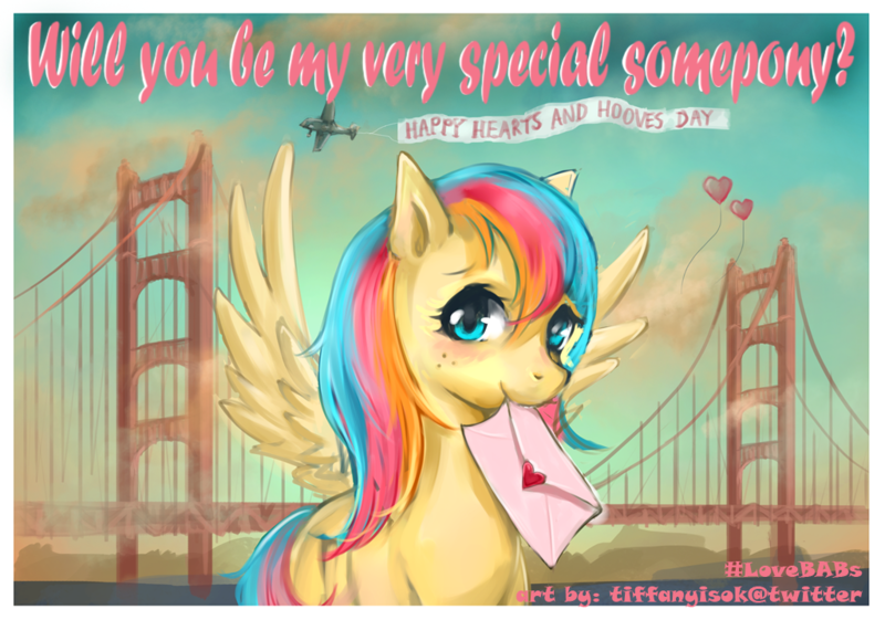 Size: 1024x718 | Tagged: safe, artist:tiffanyisok, derpibooru import, oc, oc:golden gates, unofficial characters only, pegasus, pony, aircraft, babscon, babscon mascots, golden gate bridge, heart, hearts and hooves day, letter, pink text