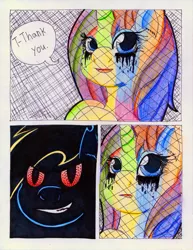 Size: 785x1017 | Tagged: artist:the1king, comic, comic:fluttershy and the rainbow factory, derpibooru import, fanfic:rainbow factory, oc, oc:bronydanceparty, parody, rarity, safe, traditional art