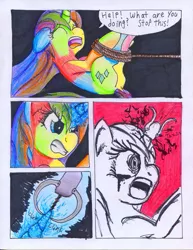 Size: 785x1017 | Tagged: artist:the1king, comic, comic:fluttershy and the rainbow factory, derpibooru import, device, drill, fanfic:rainbow factory, grimdark, hogtied, pain, parody, rarity, rope, traditional art